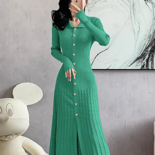 Load image into Gallery viewer, Autumn 2024 New Women's Black Beige Single Breasted Knitted Long Dress Green Elegant Office Lady Long Sleeve Pleated Dress Trend
