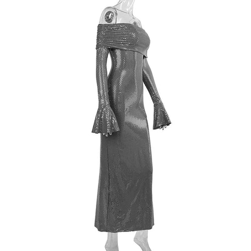 Load image into Gallery viewer, Elegant Strapless Sparkle Maxi Dress For Women Fashion Off-shoulder Backless Long Flare Sleeve Bodycon Club Party Dress
