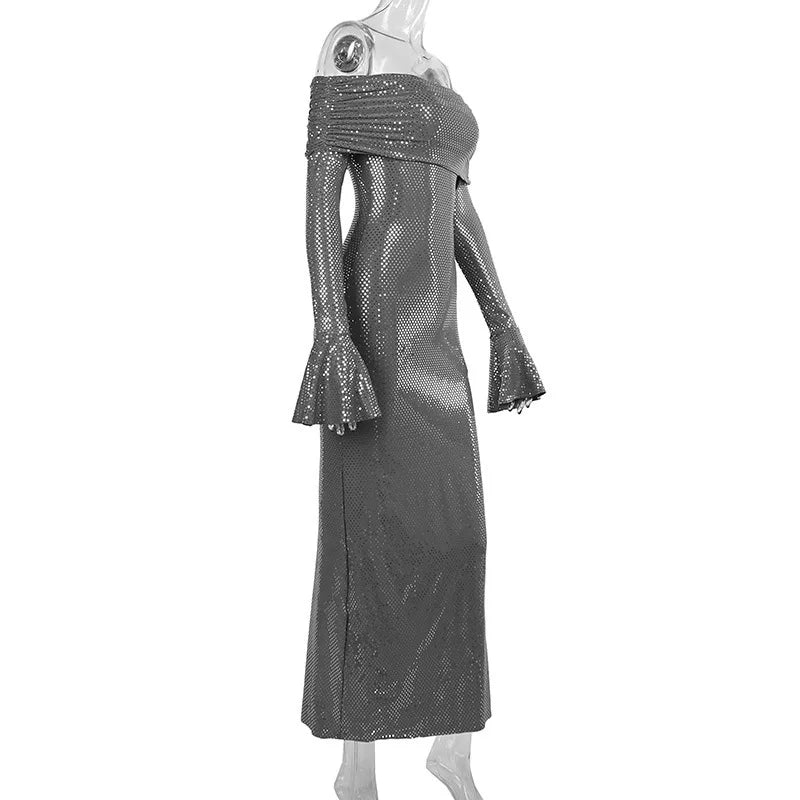 Elegant Strapless Sparkle Maxi Dress For Women Fashion Off-shoulder Backless Long Flare Sleeve Bodycon Club Party Dress