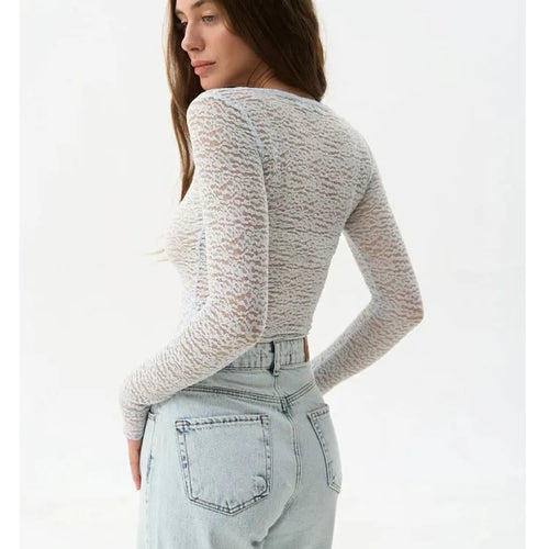 Load image into Gallery viewer, Fashion Long Sleeve Elastic Tight Women Top Round Neck Lace Perspective T-shirt Female Street Autumn/Winter New Clothing
