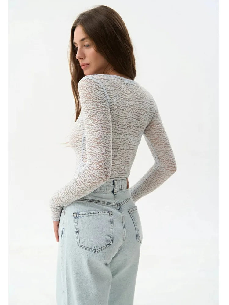 Fashion Long Sleeve Elastic Tight Women Top Round Neck Lace Perspective T-shirt Female Street Autumn/Winter New Clothing