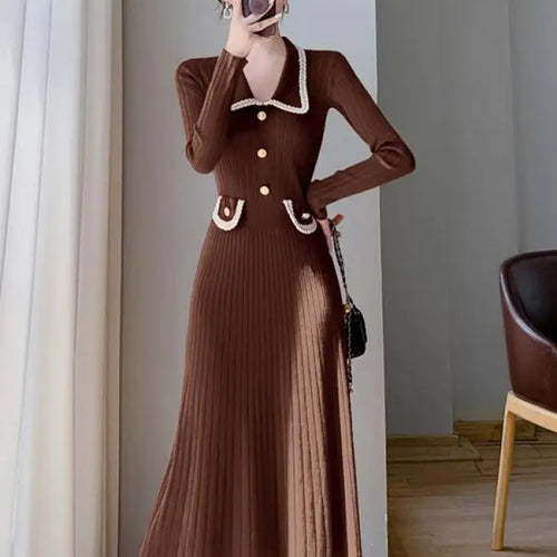 Load image into Gallery viewer, Women Lapel Single Breasted Patchwork Midi Sweater Dress Elegant Fashion Pullover Bodycon Streetwear Knit Dress 2023 New Autumn
