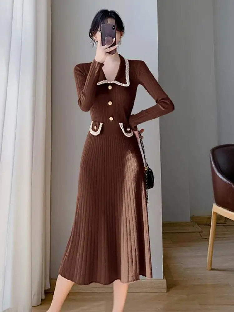 Women Lapel Single Breasted Patchwork Midi Sweater Dress Elegant Fashion Pullover Bodycon Streetwear Knit Dress 2023 New Autumn
