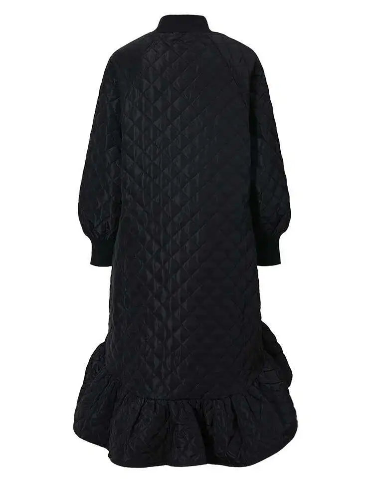 Women Black Cotton-padded Ruffles Dress New Turtleneck Long Sleeve Loose Fit Fashion Tide Autumn Winter 2025 1M9310