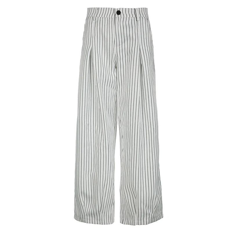 Streetwear Stripe White Loose Women Trousers Straight Leg Draped Casual Basic Suit Pants Korean Style Outfits Bottoms