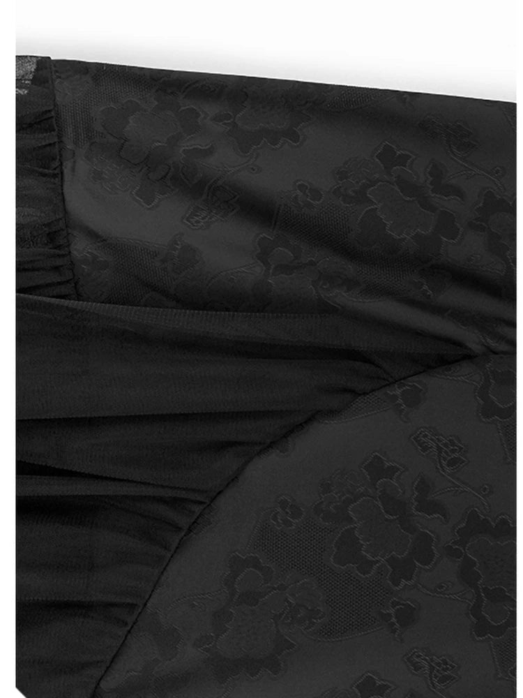 Women Black Jacquard Buckle Mesh Big Size Midi Dress New Stand Collar Short Sleeve Fashion Tide Spring Summer 2025 1DJ1231