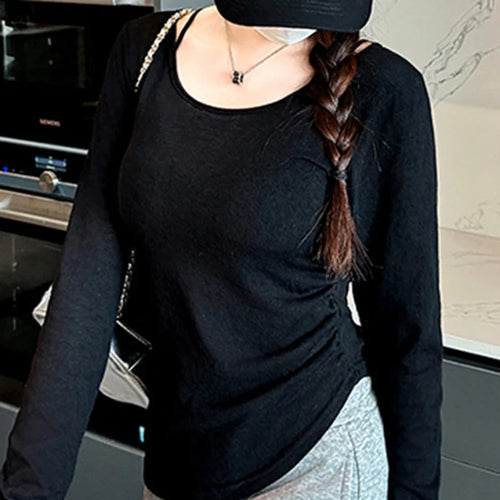 Load image into Gallery viewer, Women y2k Tops 2000s Aesthetic Clothes Solid Color Round Neck Long Sleeve Asymmetrical Hem Tee Shirts Casual Streetwear
