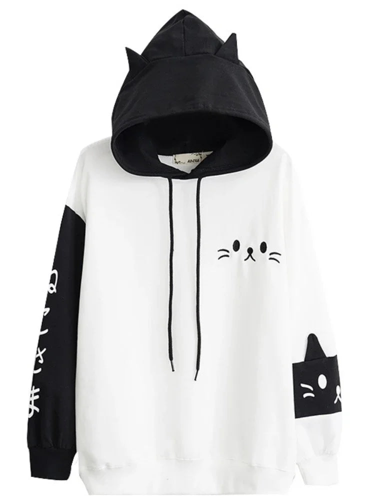 Women Hooded Sweatshirts Fall Winter Long Sleeve Hit Color Pullover Femme Cartoon Cat Embroidery Harajuku Hoodies