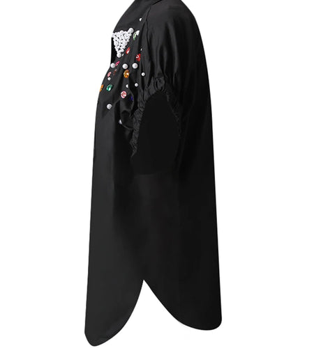 Women Black Colorful Rhinestones Big Size Blouse New Lapel Short Sleeve Shirt Fashion Tide Spring Summer 2025 CPG3228