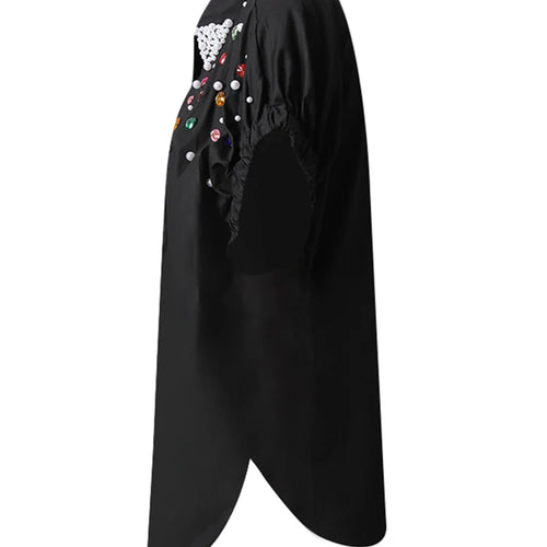 Load image into Gallery viewer, Women Black Colorful Rhinestones Big Size Blouse New Lapel Short Sleeve Shirt Fashion Tide Spring Summer 2025 CPG3228
