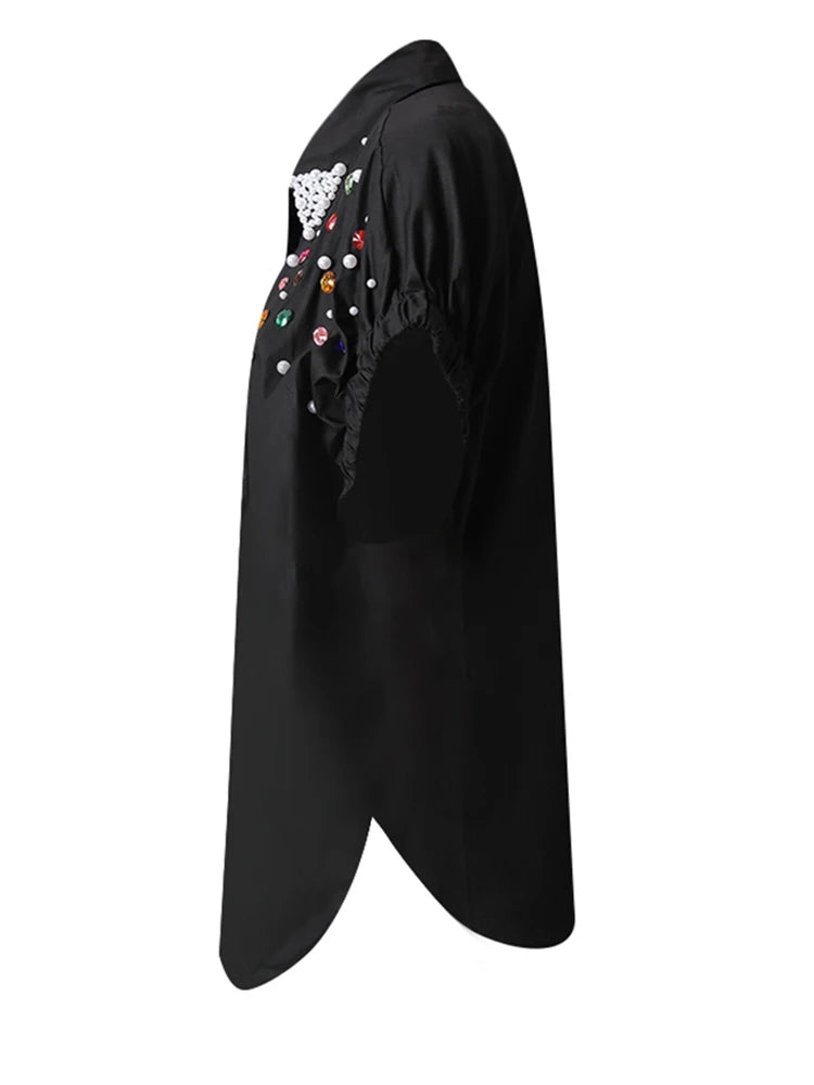 Women Black Colorful Rhinestones Big Size Blouse New Lapel Short Sleeve Shirt Fashion Tide Spring Summer 2025 CPG3228