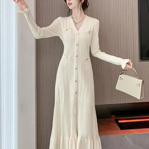 Load image into Gallery viewer, Autumn French Solid V-neck Elegant Ruffles Knit Dress Women Slim Long Sleeve Single Breast Fishtail Dress 2024 New Fashion Trend
