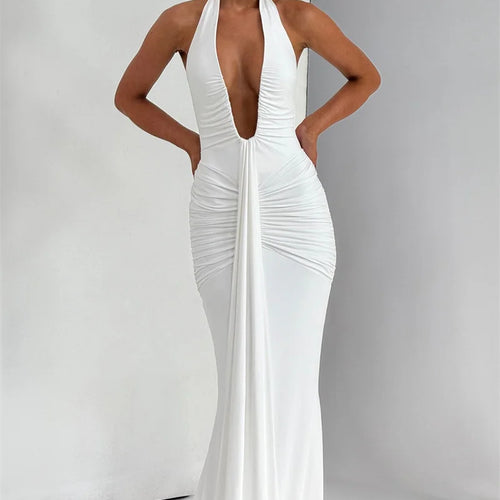 Load image into Gallery viewer, Deep V Neck Backless Ruched Sexy Maxi Dress Women Gown Summer Halter Sleeveless Draped Club Party Long Dress 2025
