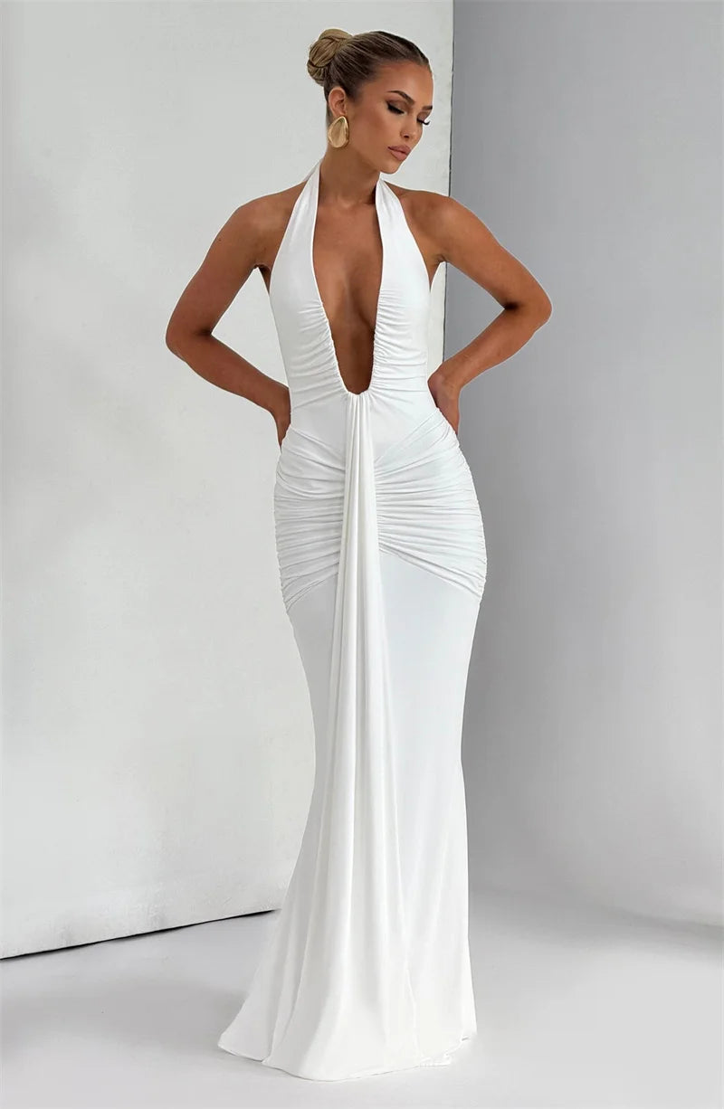 Deep V Neck Backless Ruched Sexy Maxi Dress Women Gown Summer Halter Sleeveless Draped Club Party Long Dress 2025