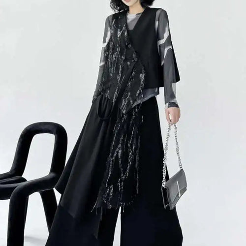 Load image into Gallery viewer, Big Size Irregular Vest Sequins Wide Leg Pants Two Piece Suit New V-Neck Sleeveless Women Fashion Tide Spring Autumn 2025
