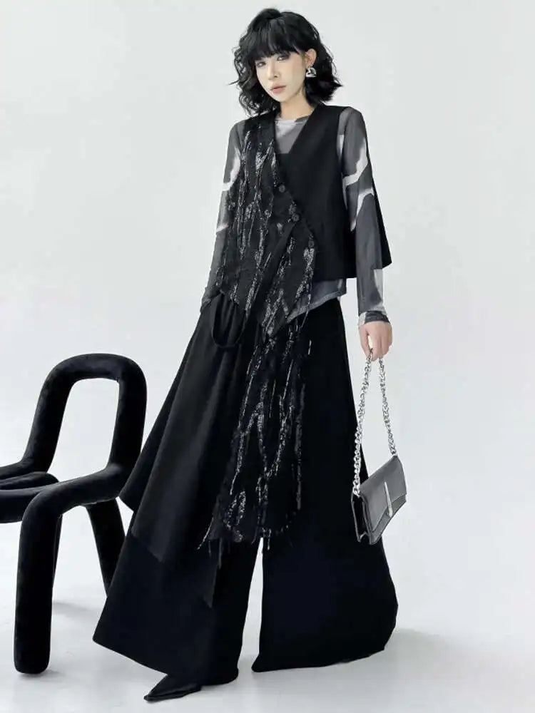 Big Size Irregular Vest Sequins Wide Leg Pants Two Piece Suit New V-Neck Sleeveless Women Fashion Tide Spring Autumn 2025