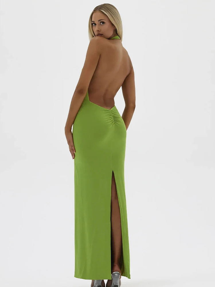 Sexy Swinging Collar High Slit Women Maxi Dress Backless Slim Fit Dress Party Dance Nightclub Female Clothing 2023 New