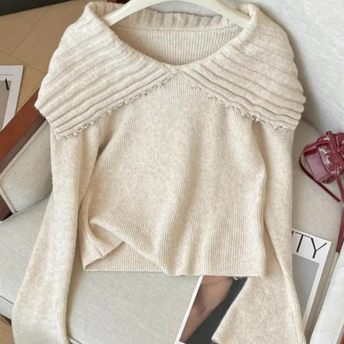 Load image into Gallery viewer, French Fashion Autumn Winter Beige Pearl Elegant Short Sweater Women's 2024 New Grey Versatile Long Sleeved Knitted Tops Popular
