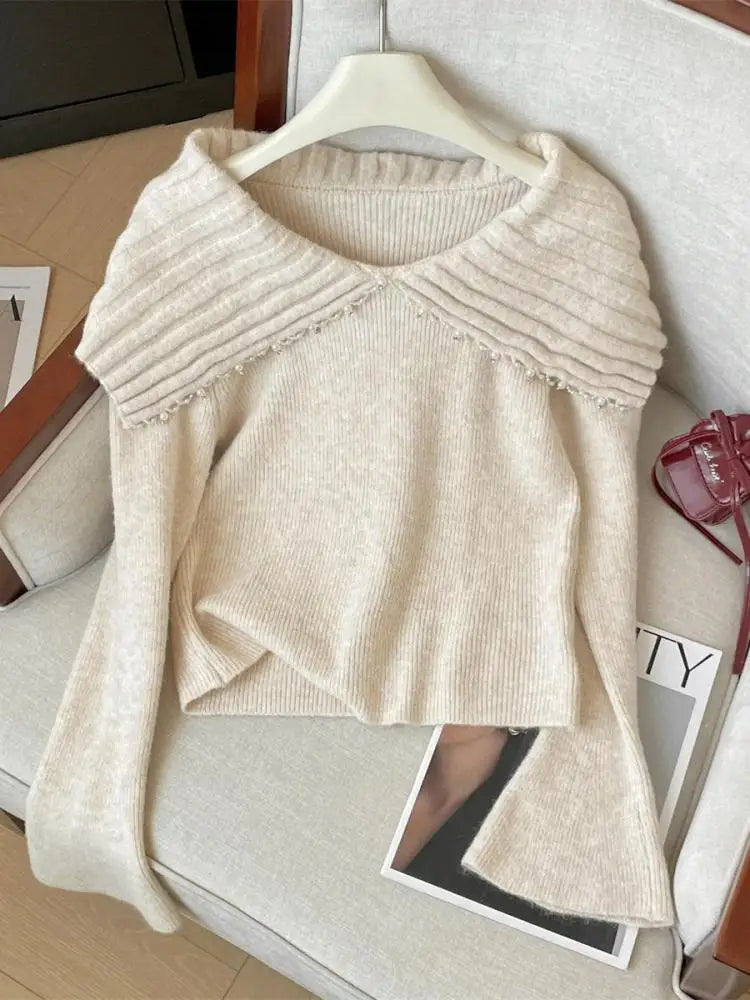 French Fashion Autumn Winter Beige Pearl Elegant Short Sweater Women's 2024 New Grey Versatile Long Sleeved Knitted Tops Popular
