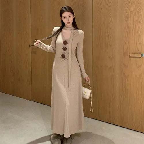 Load image into Gallery viewer, Autumn Winter 2024 New Retro Black Grey V-neck Flower Decoration Elegant Party Dress For Women Khaki Long Sleeve Pleated Dresses
