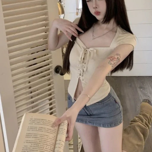 Load image into Gallery viewer, Bandage Short Sleeve Slim T-shirts Y2k Aesthetic Basic Sexy Split Cropped Top Women Fashion Streetwear Fairy Solid Harajuku Tees
