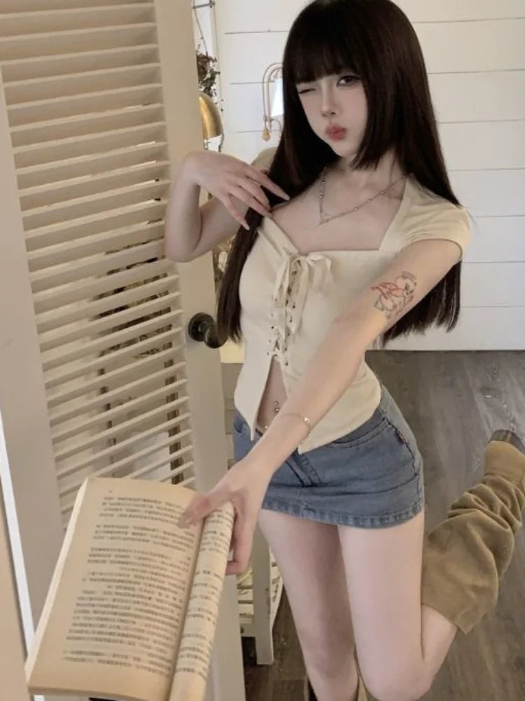 Bandage Short Sleeve Slim T-shirts Y2k Aesthetic Basic Sexy Split Cropped Top Women Fashion Streetwear Fairy Solid Harajuku Tees