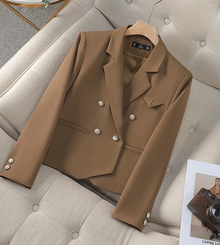 Spring Autumn Fashion New Black Beige Irregular Blazers Jacket Women Korean Brown Long Sleeve Office Ladies Double-breasted Coat