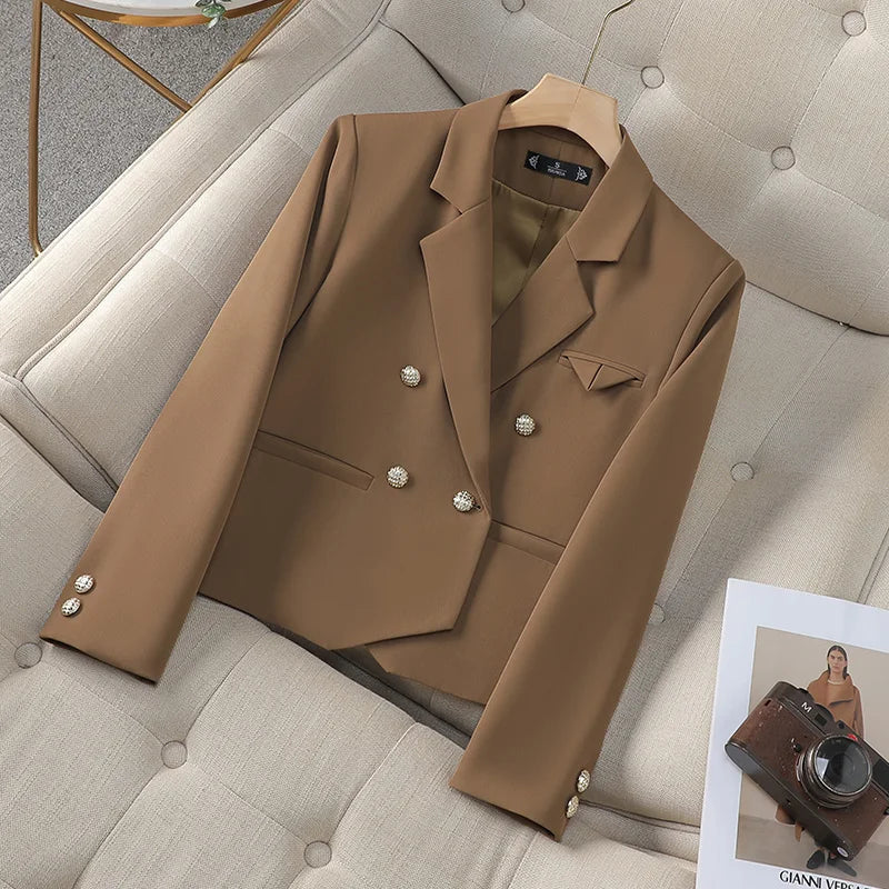 Spring Autumn Fashion New Black Beige Irregular Blazers Jacket Women Korean Brown Long Sleeve Office Ladies Double-breasted Coat