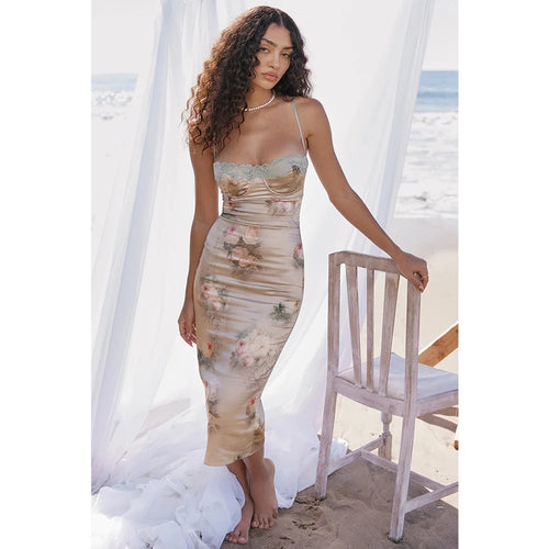 Load image into Gallery viewer, Spaghetti Strap Lace Print Midi Dress For Women Robe Strapless Backless High Waist Bodycon Club Party Long Dress
