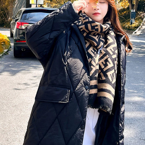 Load image into Gallery viewer, Diamond Plaid Cotton Padded Jacket for Women White Parkas New Detachable Knitted Hat Knee Length Coffee Pink Coat S-L
