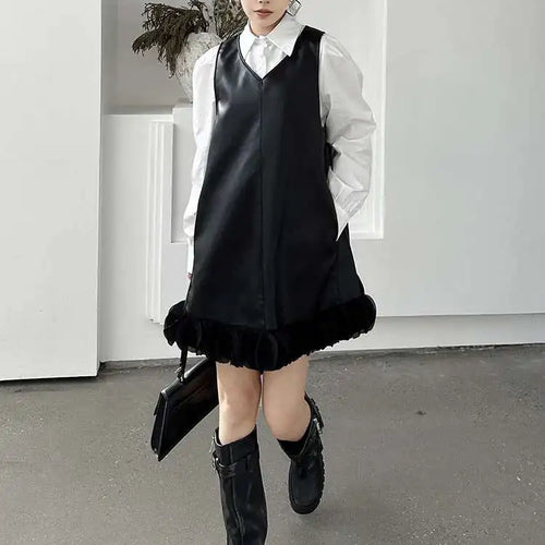 Load image into Gallery viewer, Black Leather Mesh Dress Shirt Two Pieces Suit New Lapel Long Sleeve Women Fashion Tide Spring Autumn 2025 1DH9256
