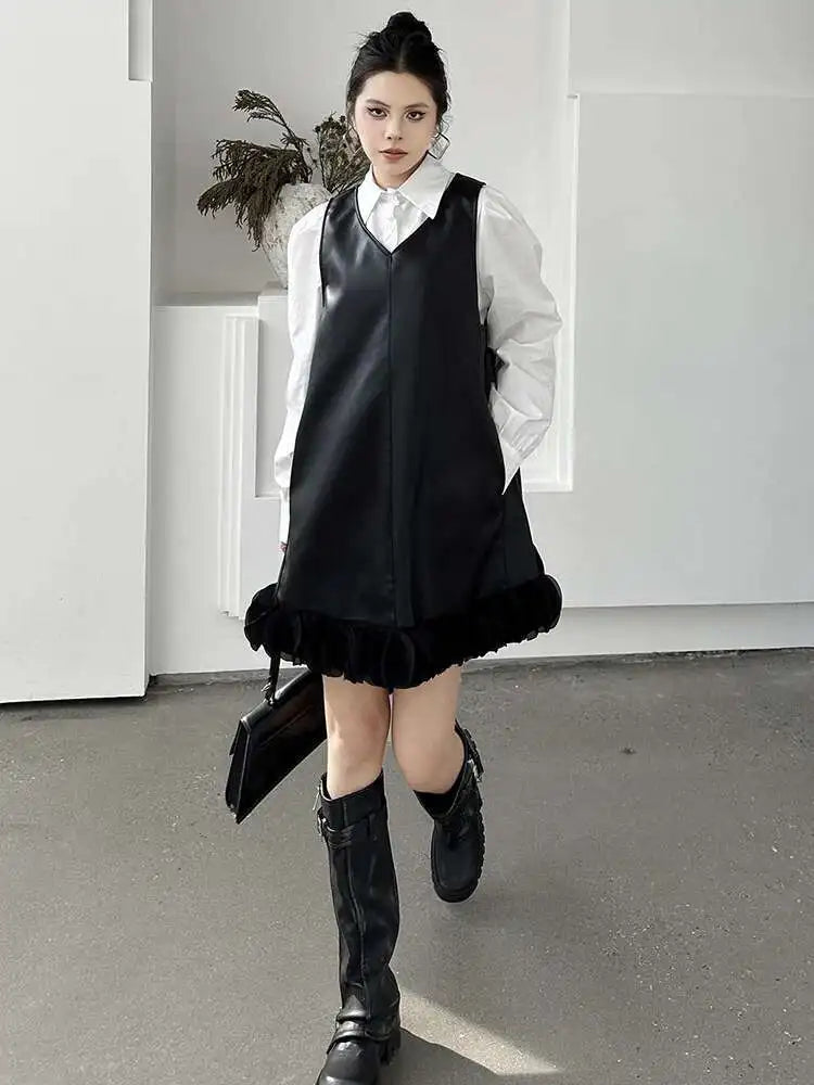 Black Leather Mesh Dress Shirt Two Pieces Suit New Lapel Long Sleeve Women Fashion Tide Spring Autumn 2025 1DH9256