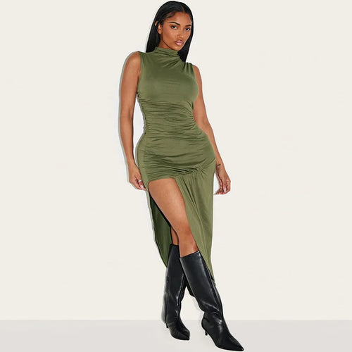 Load image into Gallery viewer, Summer Ruched Split Maxi Dress Women Gown Fashion Solid O Neck Sleeveless High Waist Tank Dress 2025 New Dresses
