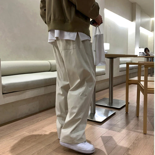 Load image into Gallery viewer, Korean Style Men&#39;s Casual Pants Solid Color Drawsting Elastic Waist Solid Color Trousers Straight Leg Male Bottom 9C9003
