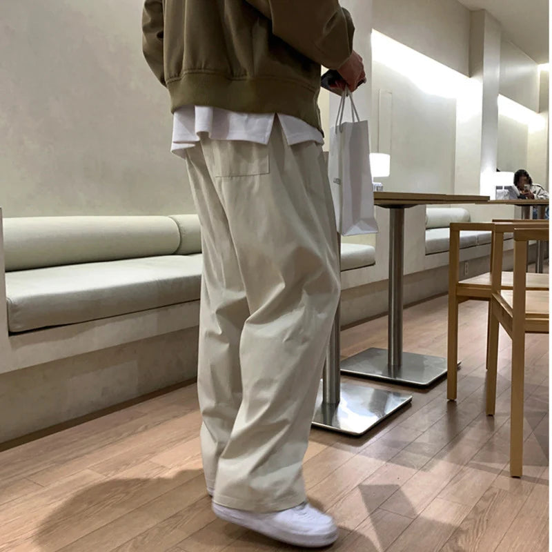 Korean Style Men's Casual Pants Solid Color Drawsting Elastic Waist Solid Color Trousers Straight Leg Male Bottom 9C9003