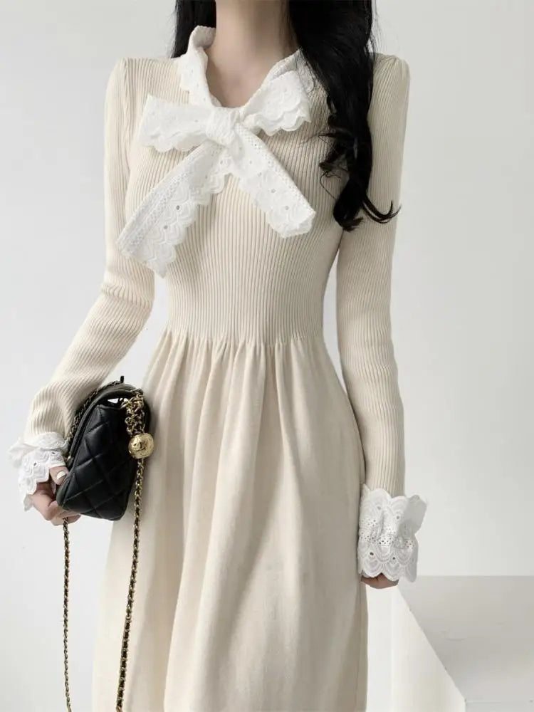 Korean Retro 2024 New Women Black Beige Patchwork Lace Holiday Pleated Dress Autumn Winter Red Bow Bandage Knitted Dress Popular
