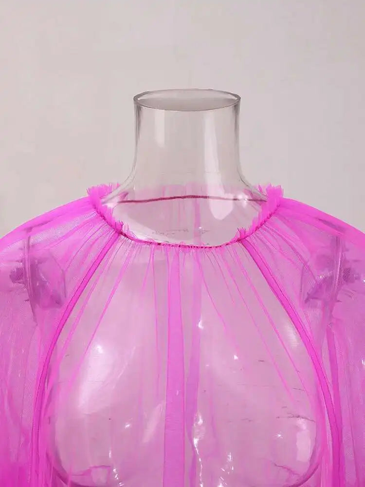 Women Purple Ruffles Mesh Perspective Big Size Long Dress New Round Neck Half Sleeve Fashion Spring Summer 2025 JR7711