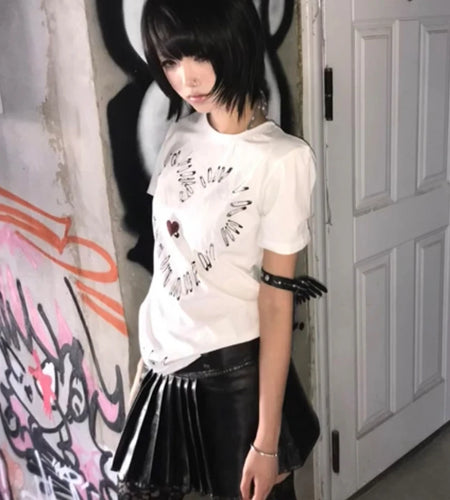 Japanese Y2k Heart print T-shirt Trashy 2000s Style Short Sleeve Tee Shirt Vintage Harajuku Streetwear Grunge Aesthetics
