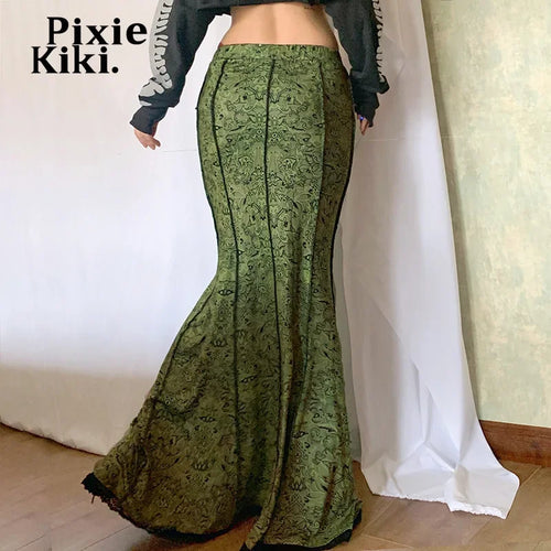 Load image into Gallery viewer, Green Fairy Grunge Long Skirts for Women Bottoms Y2k Clothes Vintage Printed Lace Trim Mermaid Maxi Skirt P84-DB28
