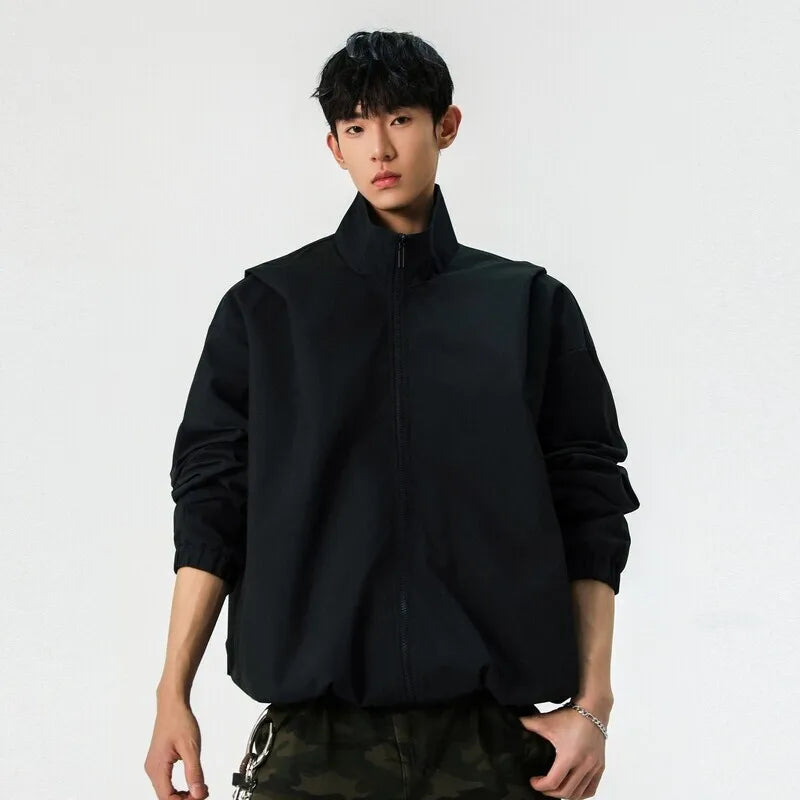 Korean Style Men's Jackets Casual Stand Collar Solid Color Fashion Pleated Design Outdoor Loose Male Coats Spring 9W1234