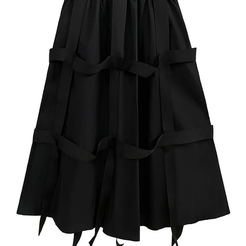 Load image into Gallery viewer, High Elastic Waist Striped Ribbons Long A-line Casual Half-body Skirt Women Fashion Tide New Spring Autumn 2025 1DH8206
