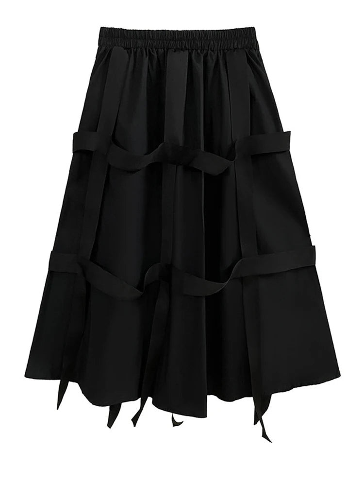 High Elastic Waist Striped Ribbons Long A-line Casual Half-body Skirt Women Fashion Tide New Spring Autumn 2025 1DH8206