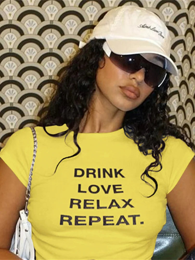 Classic Fashion Woman T-Shirt Belly Button Letter Print Pleats Unique Design Regular Casual Summer Fit Streets Mini Top