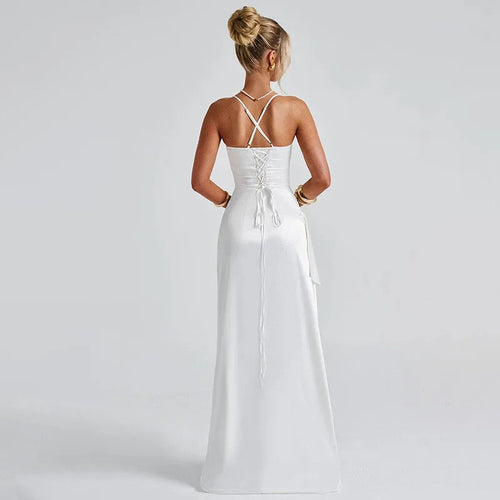Load image into Gallery viewer, Spaghetti Strap Thigh High Split Sexy Maxi Dress Women Elegant Satin High Elastic Sleeveless Backless Club Party Dress
