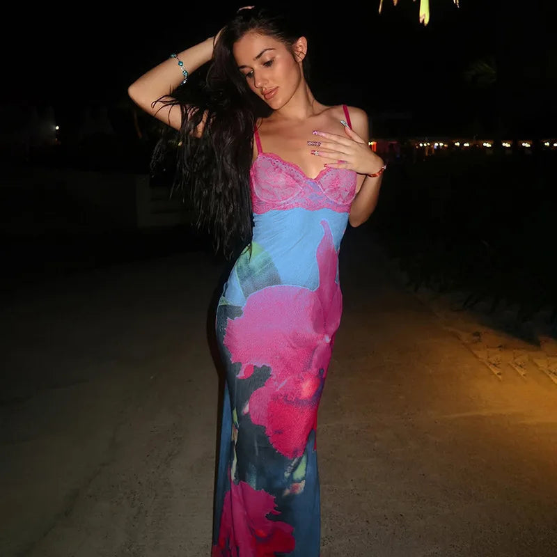 Spaghetti Strap Print Sexy Maxi Dress For Women Fashion Sleeveless Backless Bodycon Club Printed Long Dress Elegant