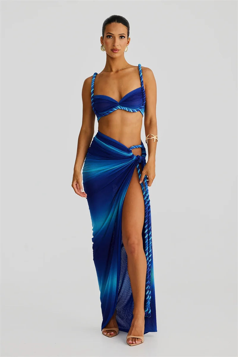 Summer Beach Sexy Two Piece Sets Women Strapless Crop Tops And Maxi Skirt Female Elegant Vacation Club 2 Piece Set