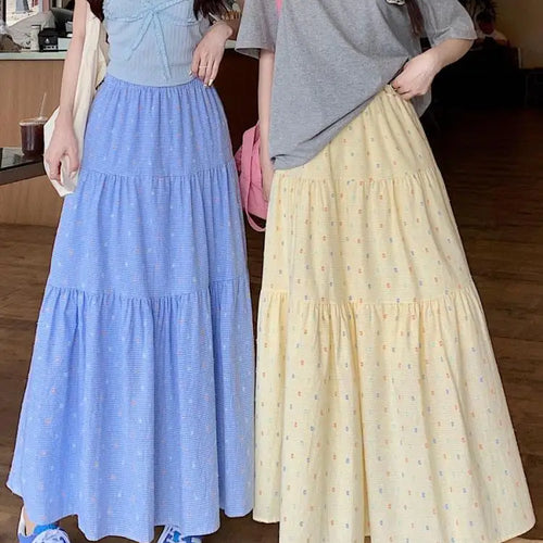 Load image into Gallery viewer, Korean 2024 Spring Summer Women Blue Embroidery Pleated Long Skirts Yellow Elastic High Waist Vacation Party Half Skirt Bohemian

