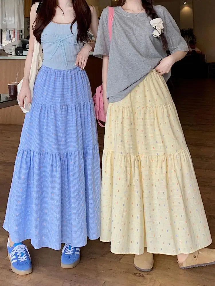 Korean 2024 Spring Summer Women Blue Embroidery Pleated Long Skirts Yellow Elastic High Waist Vacation Party Half Skirt Bohemian