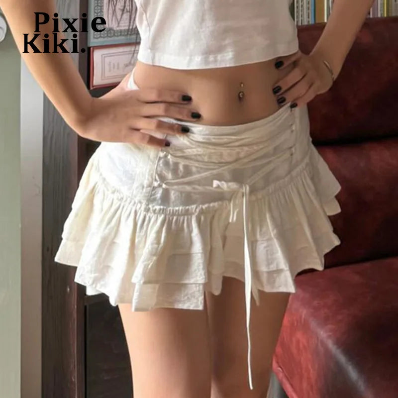 Lace Up Ruffle Skirt Kawaii White Mini Skirt School Girl Sexy Summer Bottoms Faldas Coquette Y2k Clothes P67-DZ15