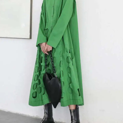 Load image into Gallery viewer, Women Black Hollow Out Big Size Midi Shirt Dress New Lapel Long Sleeve Loose Fit Fashion Tide Spring Autumn 2025 1DF6037
